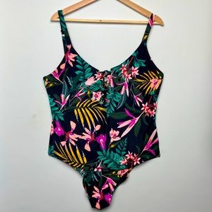 Old Navy Black Floral Front Lace Up One Piece Suit